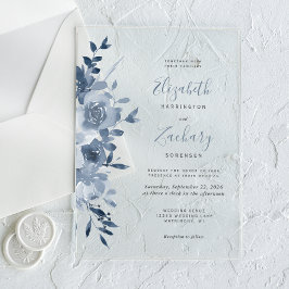 Invitaciones Acrílicas Boda con acuarela floral azul polvoriento