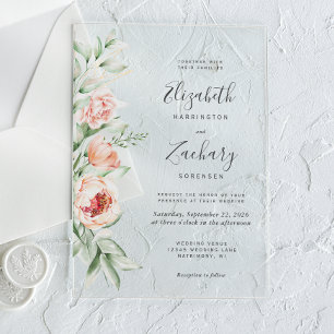 Invitaciones Acrílicas Boda con acuarela floral y rubor de melocotón