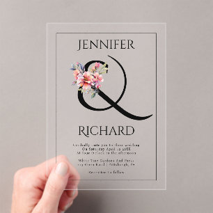 Invitaciones Acrílicas Boda con ampersand y rododendro rosa melocotón