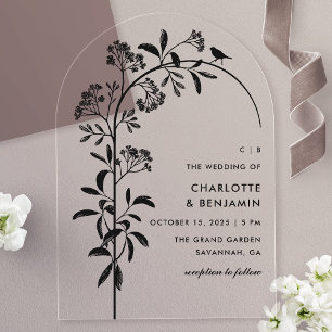 Invitaciones Acrílicas Boda con Arco Botánico de Pájaro Negro Moderno
