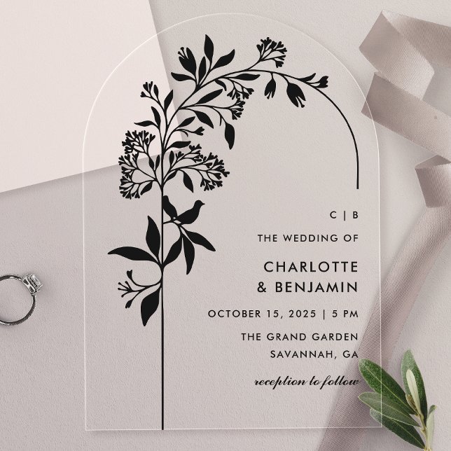 Invitaciones Acrílicas Boda con Arco Botánico Negro Moderno (Subido por el creador)