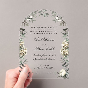 Invitaciones Acrílicas Boda con Arco de Helechos de Eucalipto y Flores Bl