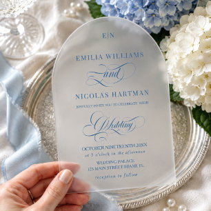 Invitaciones Acrílicas Boda con Arco de Monograma Azul
