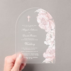 Invitaciones Acrílicas Boda con Arco de Peonías Blancas Rosadas Polvorien