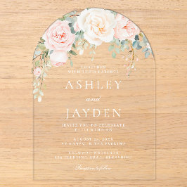 Invitaciones Acrílicas Boda con Arco Floral de Acuarela en Rosa y Salvia