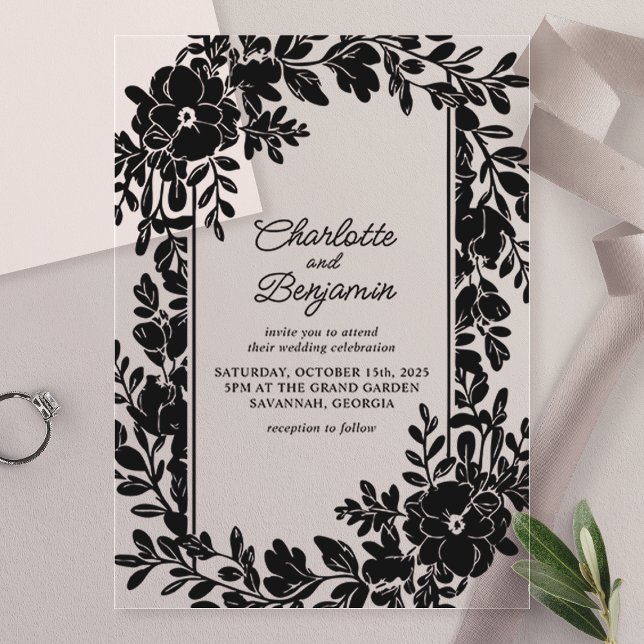 Invitaciones Acrílicas Boda con borde floral elegante negro (Subido por el creador)