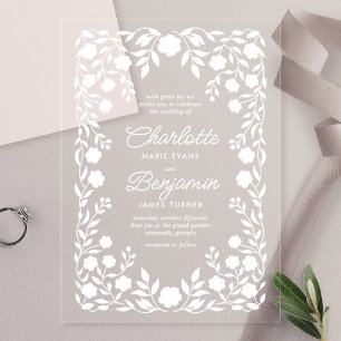 Invitaciones Acrílicas Boda con borde floral ornamentado blanco