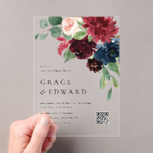 Invitaciones Acrílicas Boda con código QR botánico en burgundy y azul mar