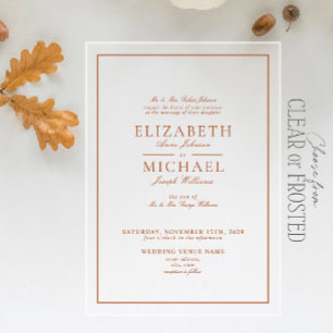 Invitaciones Acrílicas Boda con guión clásico de naranja quemada elegante