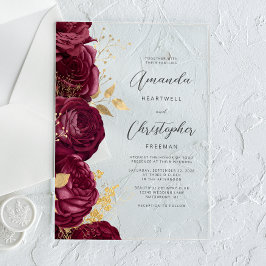 Invitaciones Acrílicas Boda con guión floral de oro de Borgoña