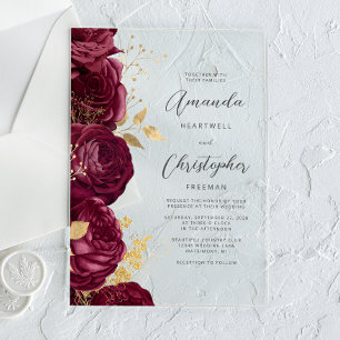 Invitaciones Acrílicas Boda con guión floral de oro de Borgoña