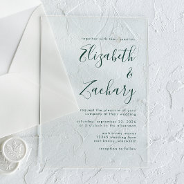 Invitaciones Acrílicas Boda con guión verde esmeralda minimalista moderna