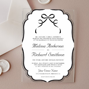 Invitaciones Acrílicas Boda con lazo coqueto en blanco y negro