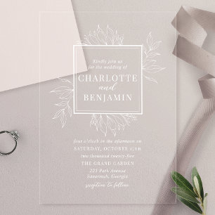 Invitaciones Acrílicas Boda con marco botánico blanco elegante