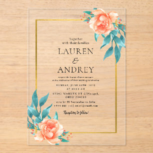 Invitaciones Acrílicas Boda con marco de oro elegante