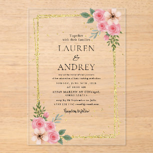 Invitaciones Acrílicas Boda con marco de oro elegante