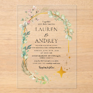Invitaciones Acrílicas Boda con marco de oro elegante