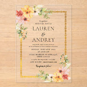 Invitaciones Acrílicas Boda con marco de oro elegante
