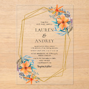 Invitaciones Acrílicas Boda con marco de oro elegante