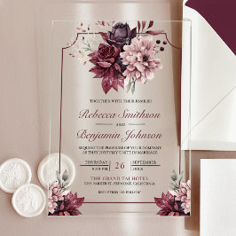 Invitaciones Acrílicas Boda con Marco Floral de Burgundy Rosa Polvoriento