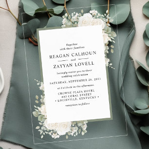 Invitaciones Acrílicas Boda con marco floral elegante de marfil y salvia
