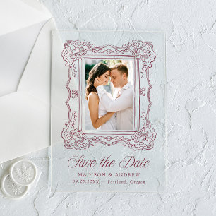 Invitaciones Acrílicas Boda con marco ornamentado de Borgoña Save the Dat