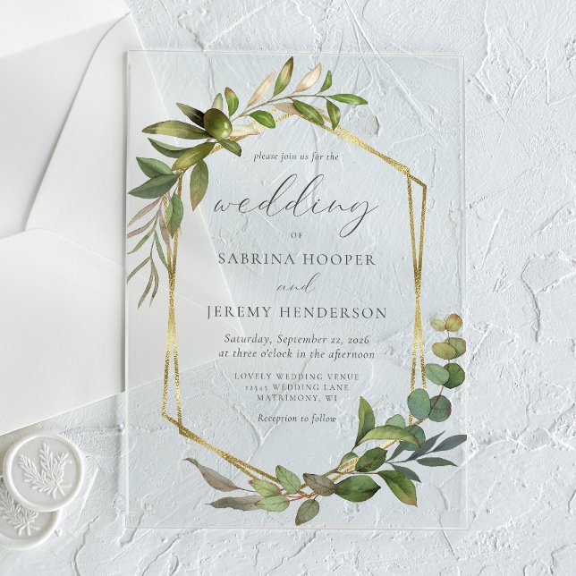 Invitaciones Acrílicas Boda con marco rústico de eucalipto y oro (Subido por el creador)