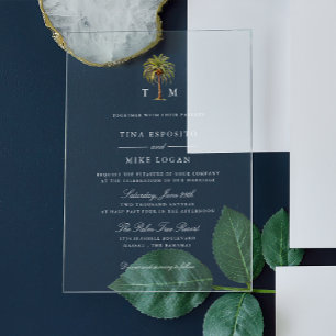 Invitaciones Acrílicas Boda con monograma de árbol de palma tropical acua