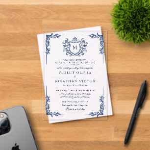 Invitaciones Acrílicas Boda con Monograma de Cresta Vintage Azul