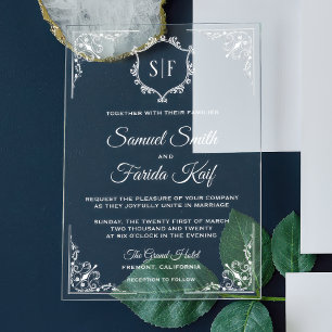 Invitaciones Acrílicas Boda con Monograma Ornamental Blanco