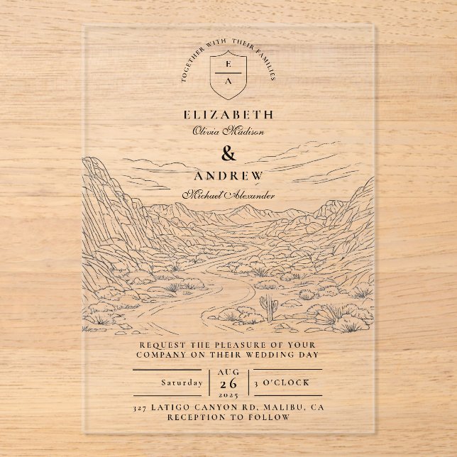 Invitaciones Acrílicas Boda con paisaje desértico de cactus rústico (Anverso)