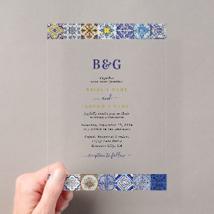 Invitaciones Acrílicas Boda con patrón de baldosas portuguesas mediterrán