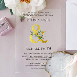 Invitaciones Acrílicas Boda con Rama de Olivo y Ampersand de Oro