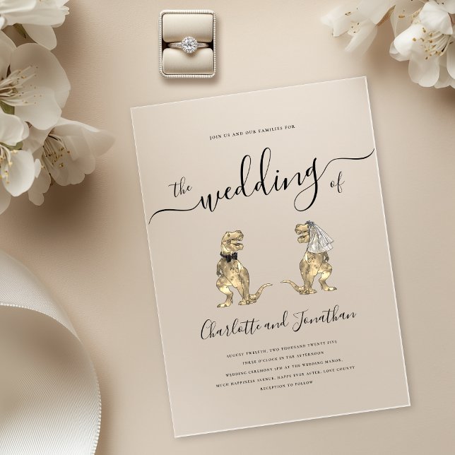 Invitaciones Acrílicas Boda con tema de dinosaurios (Modern Elegant script Dinosaur theme wedding 5 x 7 acrylic invitation black tie T-Rex groom)