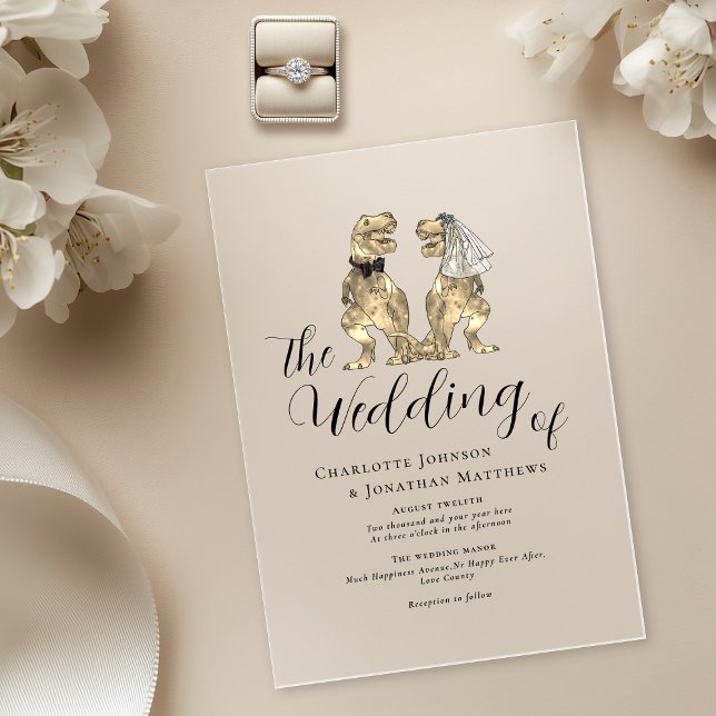 Invitaciones Acrílicas Boda con tema de dinosaurios  (Elegant Dinosaur destination wedding 5 x 7 acrylic invitation T-Rex bride and groom black tie )