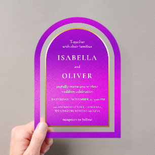 Invitaciones Acrílicas Boda con texto blanco gradiente púrpura