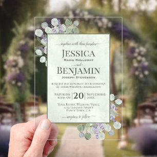 Invitaciones Acrílicas Boda con Texto Elegante de Eucalipto y Lavanda Rús