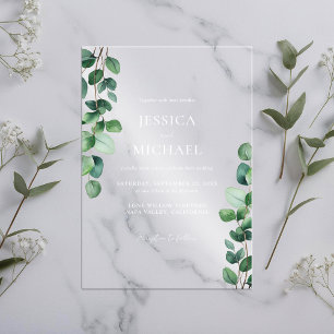 Invitaciones Acrílicas Boda con vegetación de eucalipto elegante