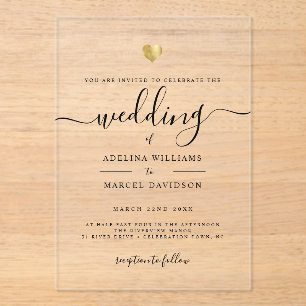 Invitaciones Acrílicas Boda Corazón de Oro con Caligrafía Minimalista Mod