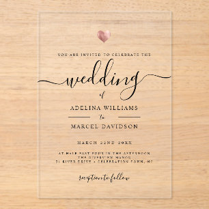 Invitaciones Acrílicas Boda Corazón de Oro Rosa Caligrafía Mínima Moderna