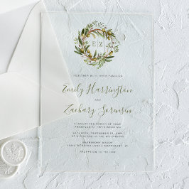 Invitaciones Acrílicas Boda Corona de Olivo Acuarela Rústica
