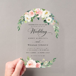 Invitaciones Acrílicas Boda Corona Floral Elegante Marfil Rubor