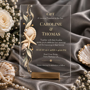 Invitaciones Acrílicas Boda Costera con Estrellas de Mar y Conchas Marina