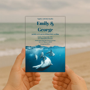 Invitaciones Acrílicas Boda Costera de Delfines Bajo el Mar Azul Marino