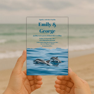 Invitaciones Acrílicas Boda costera de delfines juguetones de azul marino
