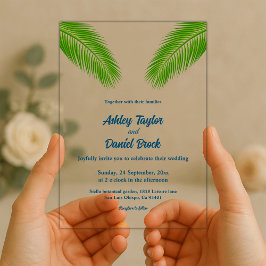 Invitaciones Acrílicas Boda costera de hojas de palmera tropical azul mar