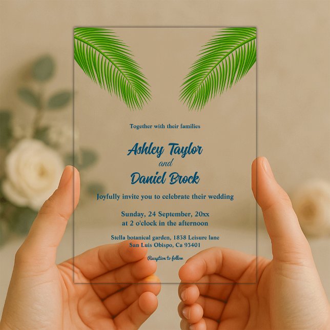 Invitaciones Acrílicas Boda costera de hojas de palmera tropical azul mar (Subido por el creador)