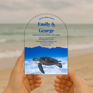Invitaciones Acrílicas Boda Costera de Tortuga Marina Azul Marino