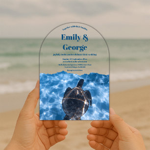 Invitaciones Acrílicas Boda costera de verano bajo la tortuga marina de l