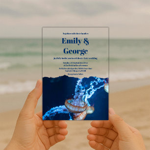 Invitaciones Acrílicas Boda costera en la playa de medusas bajo el mar Na